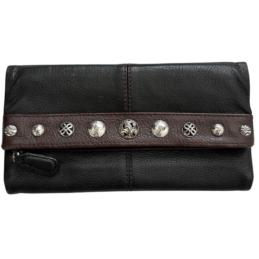 Brighton Vintage Leather Wallet Black, Brown & Silver Medallions EUC